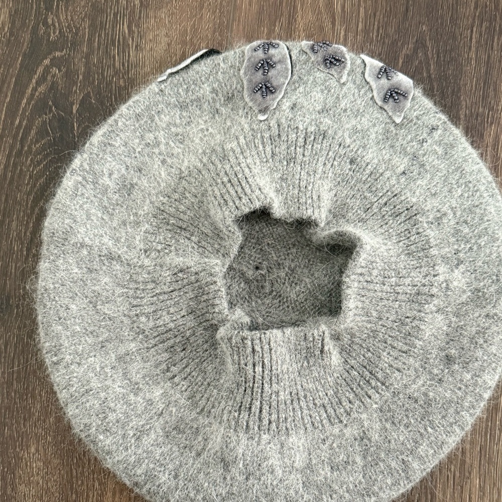 C.C Exclusives Gray Angora Wool Beret Floral Beaded Detail - Picture 2 of 8